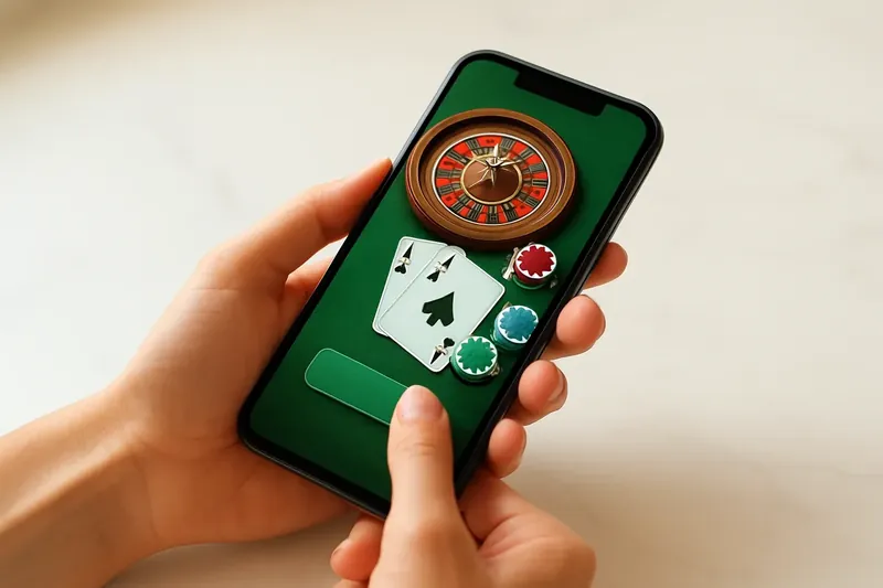 Hands holding smartphone with casino app on white marble surface