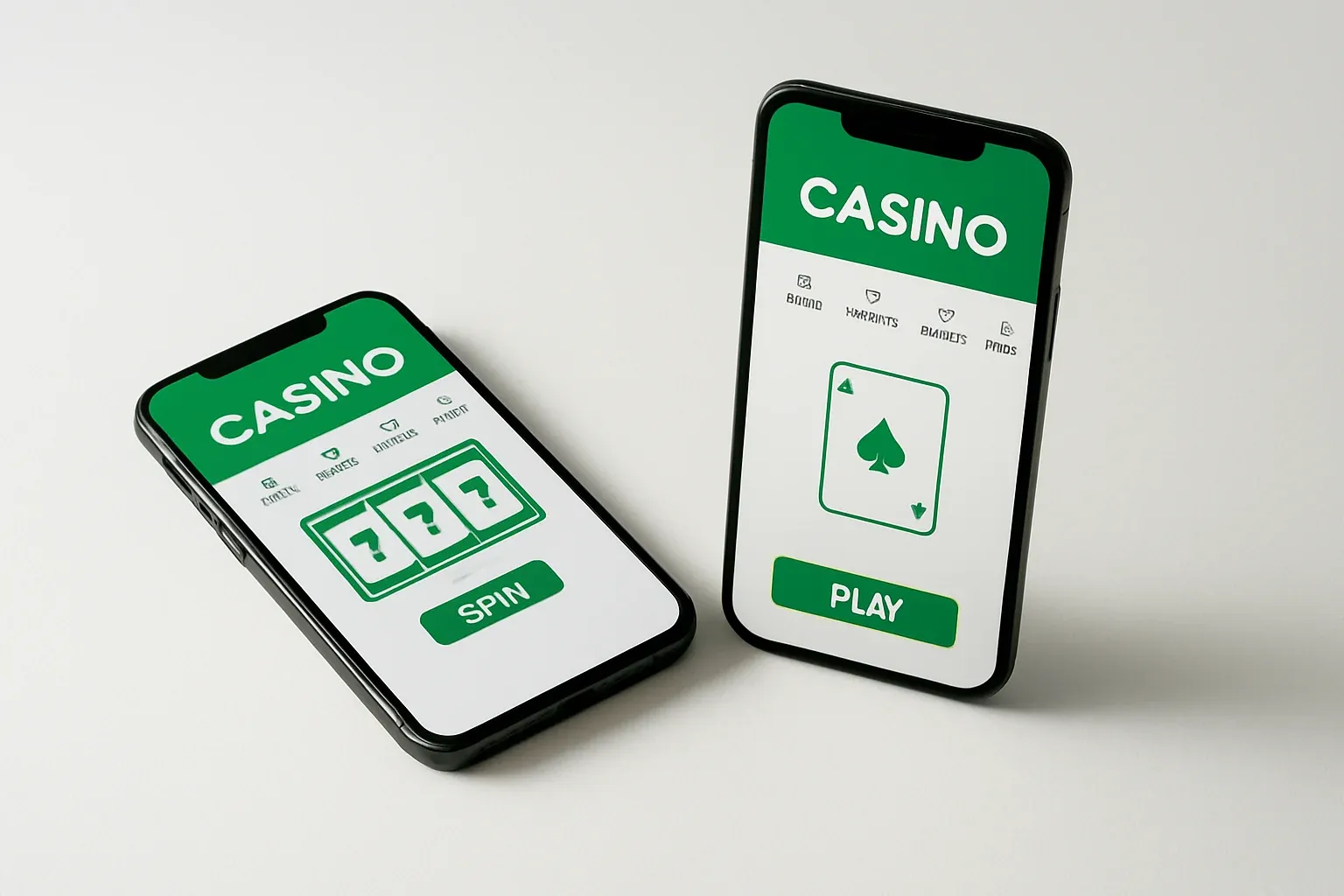 Two smartphones displaying a clean light casino app on white surface