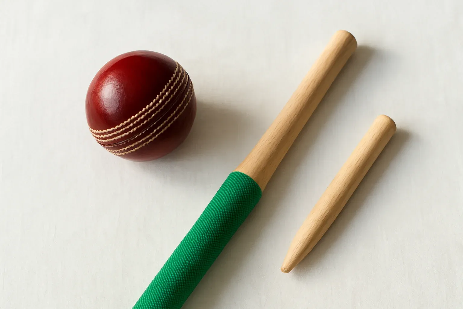 Overhead flat lay of cricket ball, bat handle, and stump