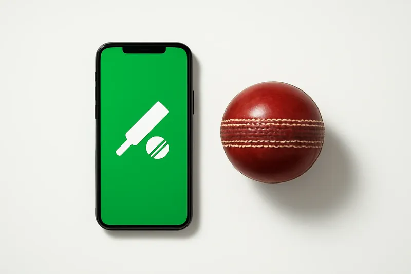 Smartphone with bright betting app beside cricket ball on white background