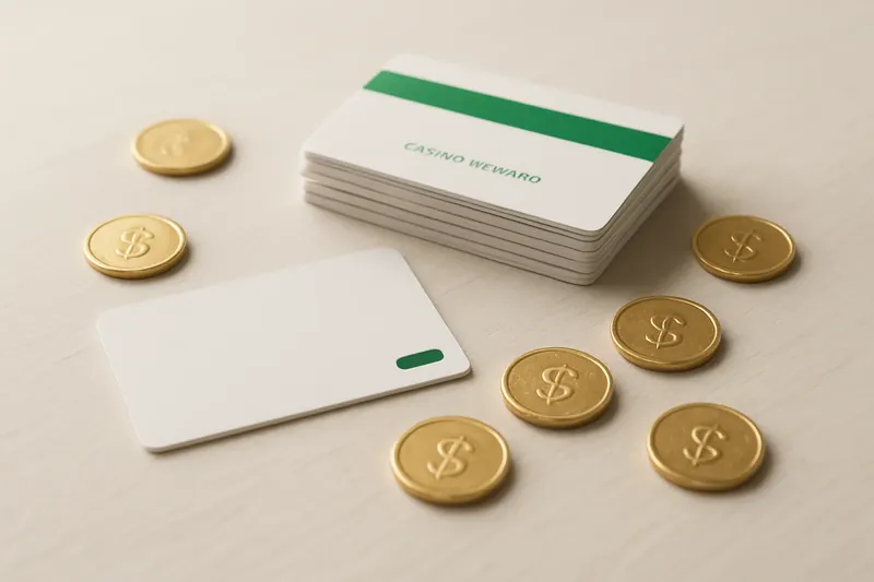 Stack of casino bonus vouchers and reward cards with gold coins
