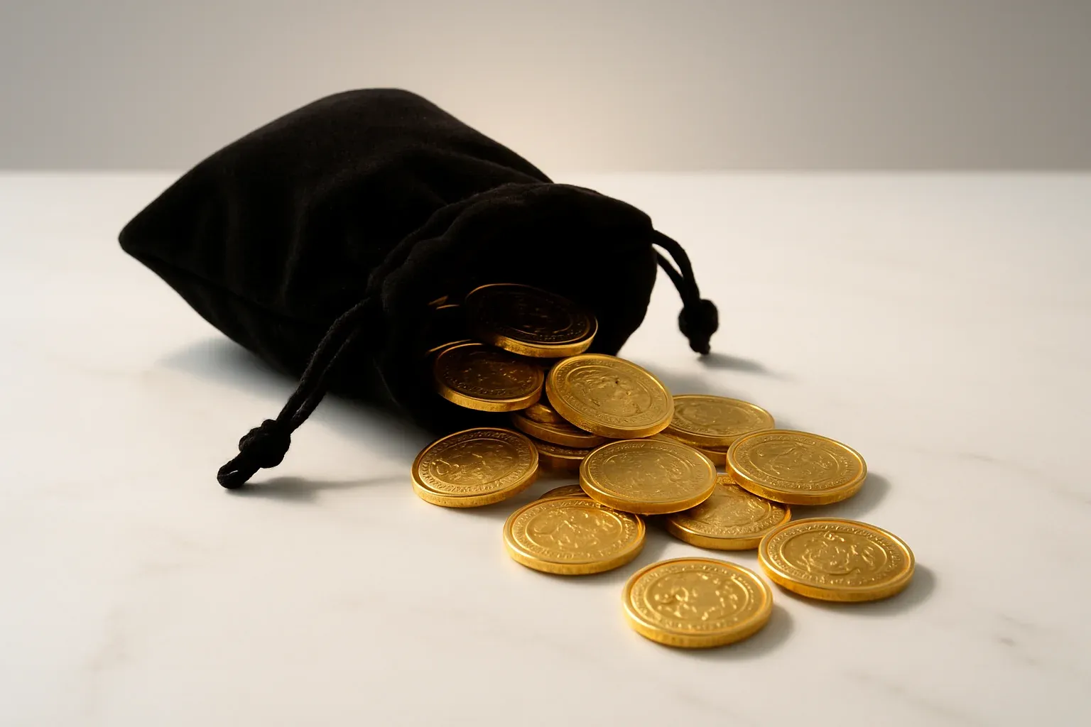Golden coins spilling from velvet pouch on white marble surface