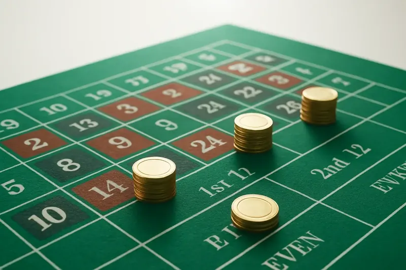 Top-down roulette table layout with gold chip stacks on green felt