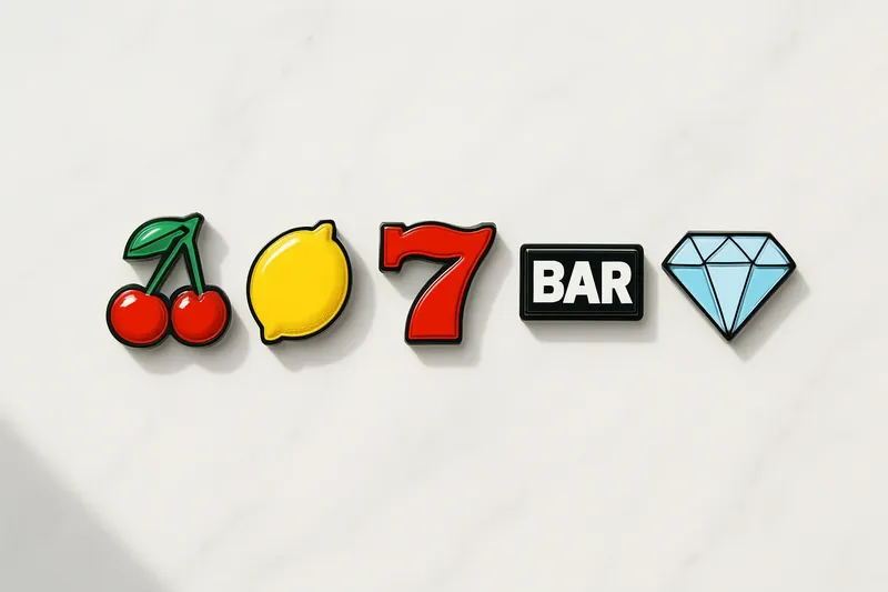 Five polished slot symbols in a neat row on white marble