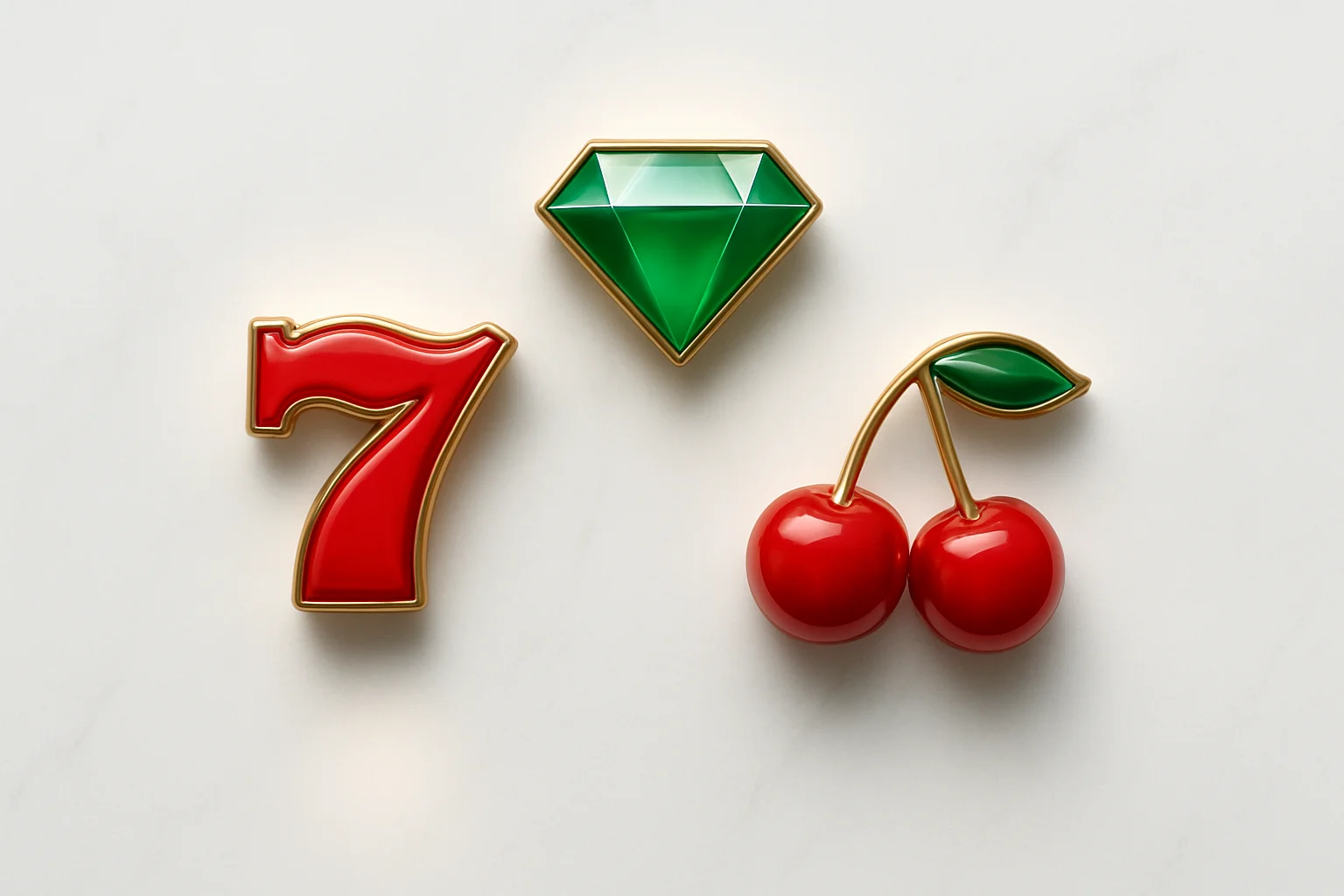 Three polished slot symbols on white marble under warm spotlights
